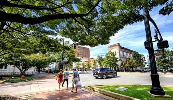 a person walking down a street next to a tree